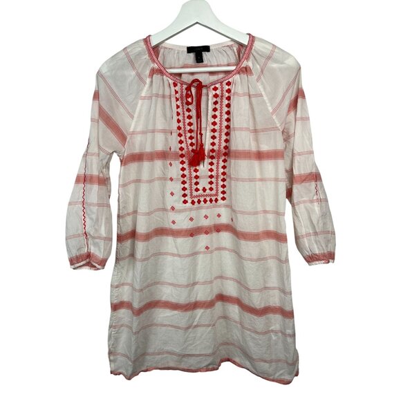 J Crew White Red Stripe Peasant Tunic Top Size S Boho Embroidered Blouse - Picture 1 of 13